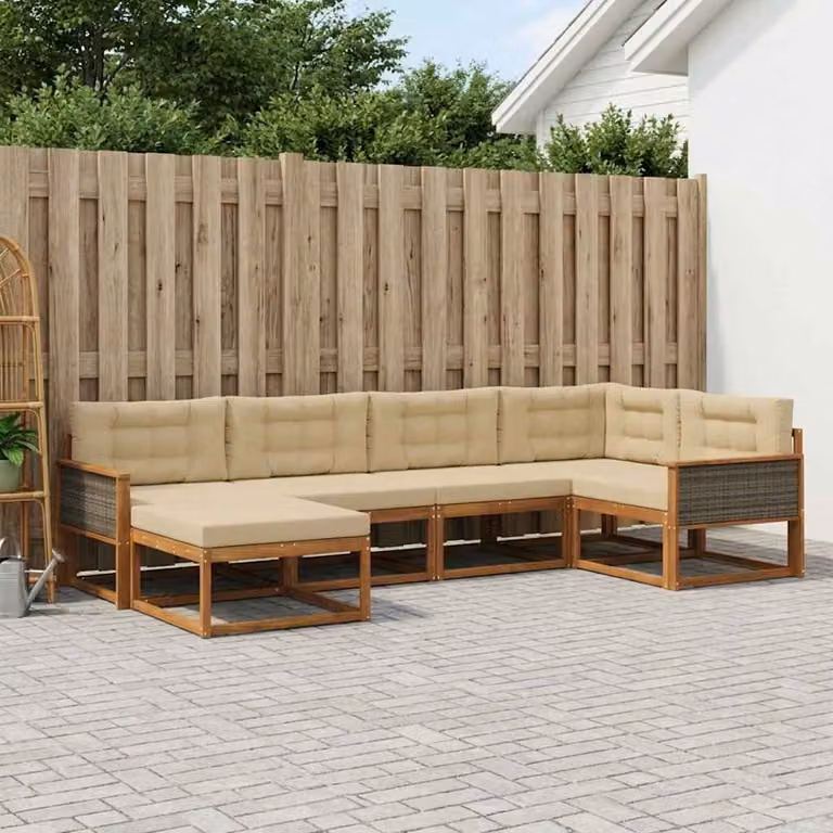 Set di divani da esterno vidaXL a forma di L in legno di acacia con pouf e cuscini, Beige e Marrone
