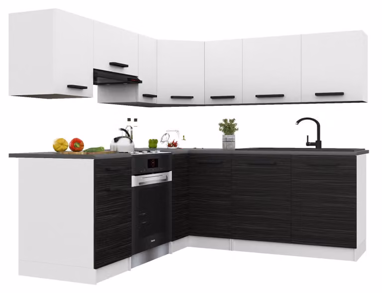 Belini - Angolo cottura moderno ITALIA 6 - Mobili da cucina 360 cm bianco-ebano - Cucina componibile con pensili, mobili base e piani di lavoro