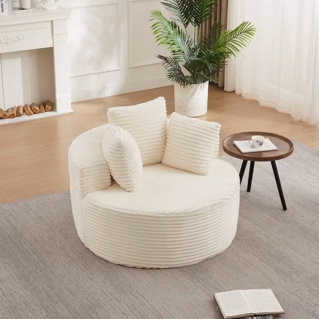 Poltrona a sacco SINGULARTY in velluto a coste beige con braccioli e 3 cuscini, Diametro: 110 cm