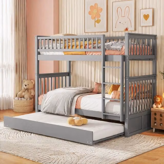 Desviae Letto a castello 90 × 200 cm 3 posti con letto estraibile, scala, senza materasso, in pino e MDF, grigio