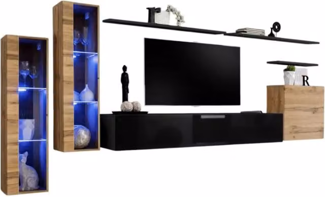 Composizione murale SWITCH XI – Mobile TV, vetrine sospese, cubo e scaffali – Nero lucido e quercia Wotan – Design moderno