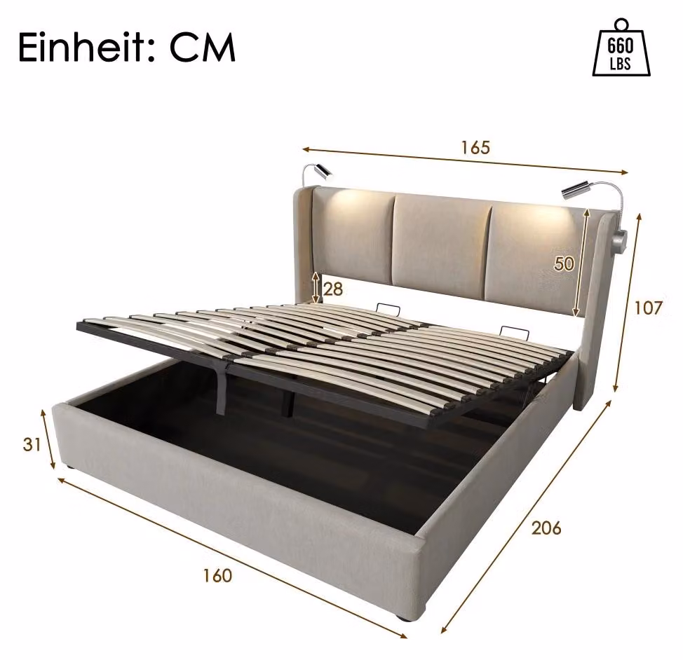 Letto matrimoniale - Struttura del letto imbottita - 160 x 200 cm - Cassetto contenitore con porta USB - Rivestimento in lino - Retino - Beige