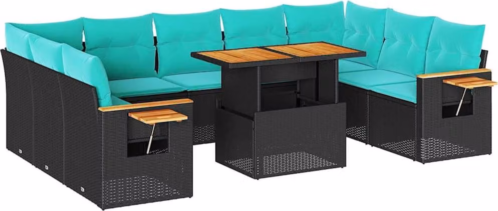 Set Divani Giardino 10pz con Cuscini Nero in Polyrattan Acacia