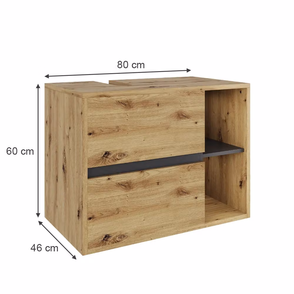 Mobiletto per lavabo Vicco moderno in legno rovere grigio e marrone con 2 cassetti, sospeso, L: 80 cm, P: 60 cm, H: 46 cm – 2