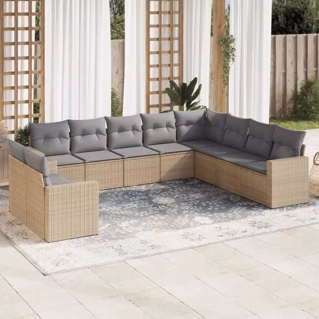 Set Divano da Giardino VIDAXL in Polyrattan Beige con 10 Pezzi e Cuscini