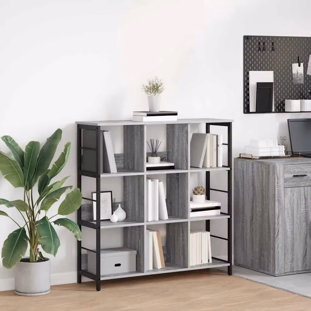 Libreria stile industrial vidaXL con 9 livelli in legno e metallo, colore grigio, L 102 cm x P 32 cm x H 104,5 cm