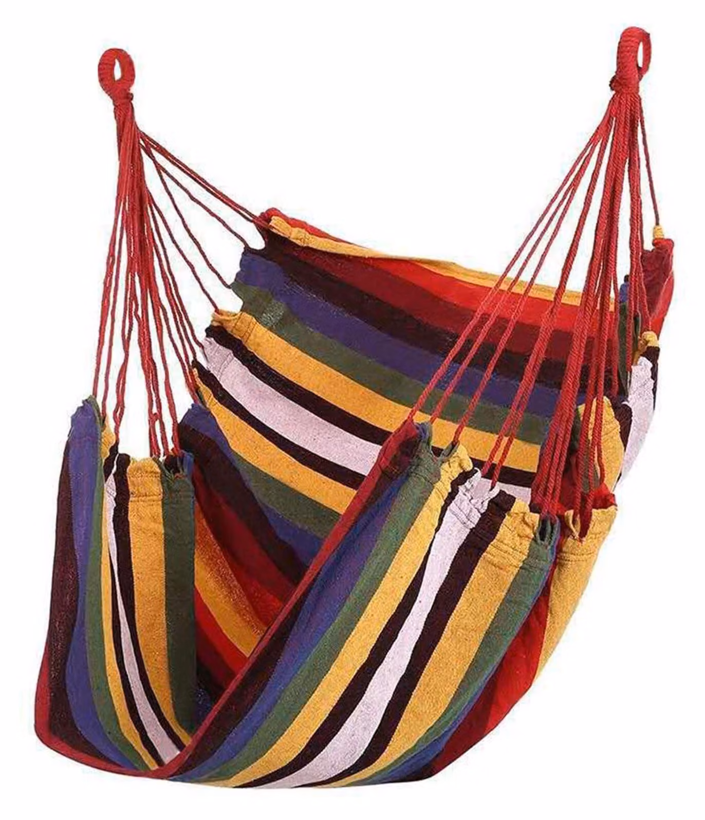 Sedia a dondolo in tela con strisce colorate, ideale per interni