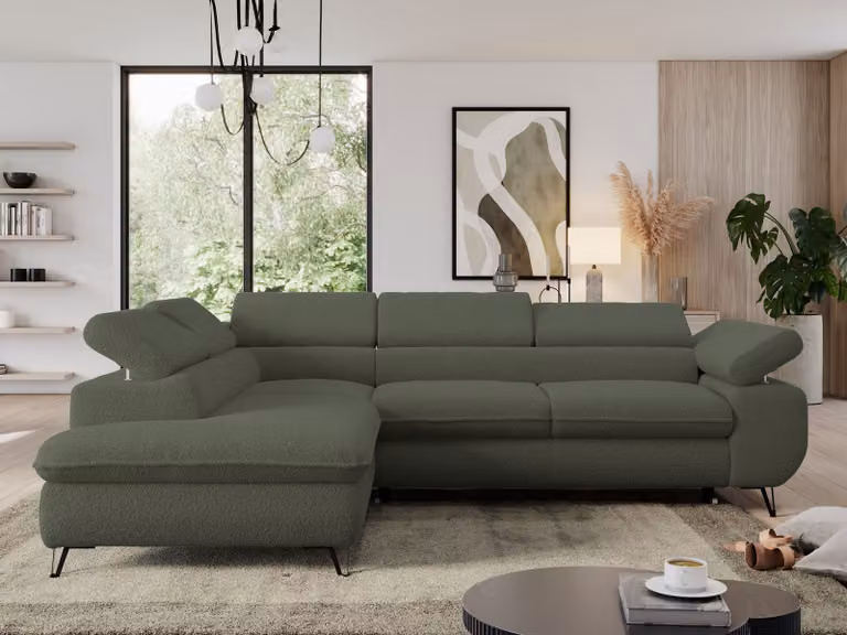 Divano con funzione letto, divano angolare a L, divano da salotto, con poggiatesta regolabili - PEDRO L - Boucle - Verde - Sinistra