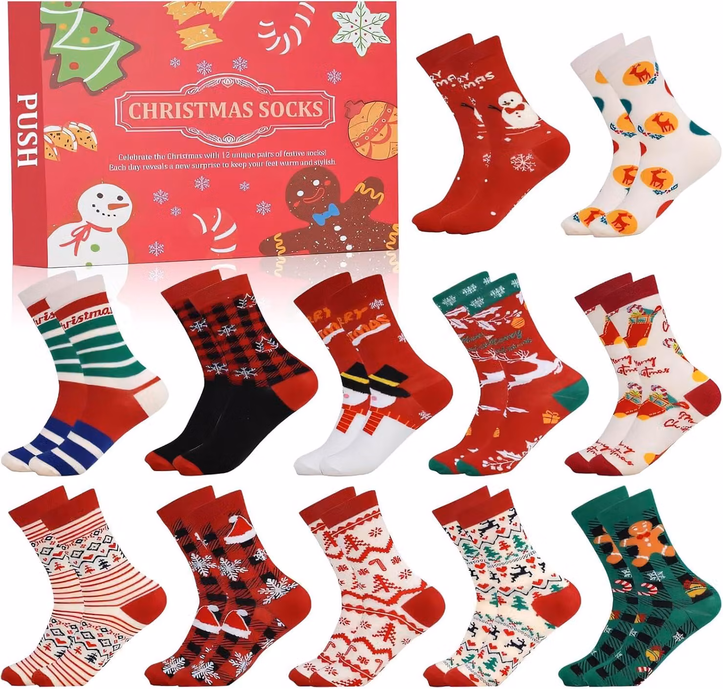 Calendario dell'Avvento a forma di calzini - 12 paia - conto alla rovescia di 24 giorni - calzini natalizi divertenti - confezione regalo a forma di calzini - calendario dell'Avvento - modello B