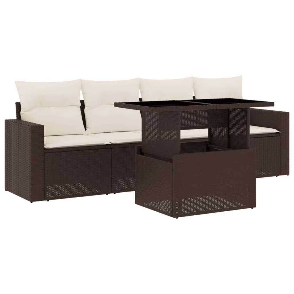 Set Divano da Giardino 5 pz con Cuscini Marrone in Polyrattan