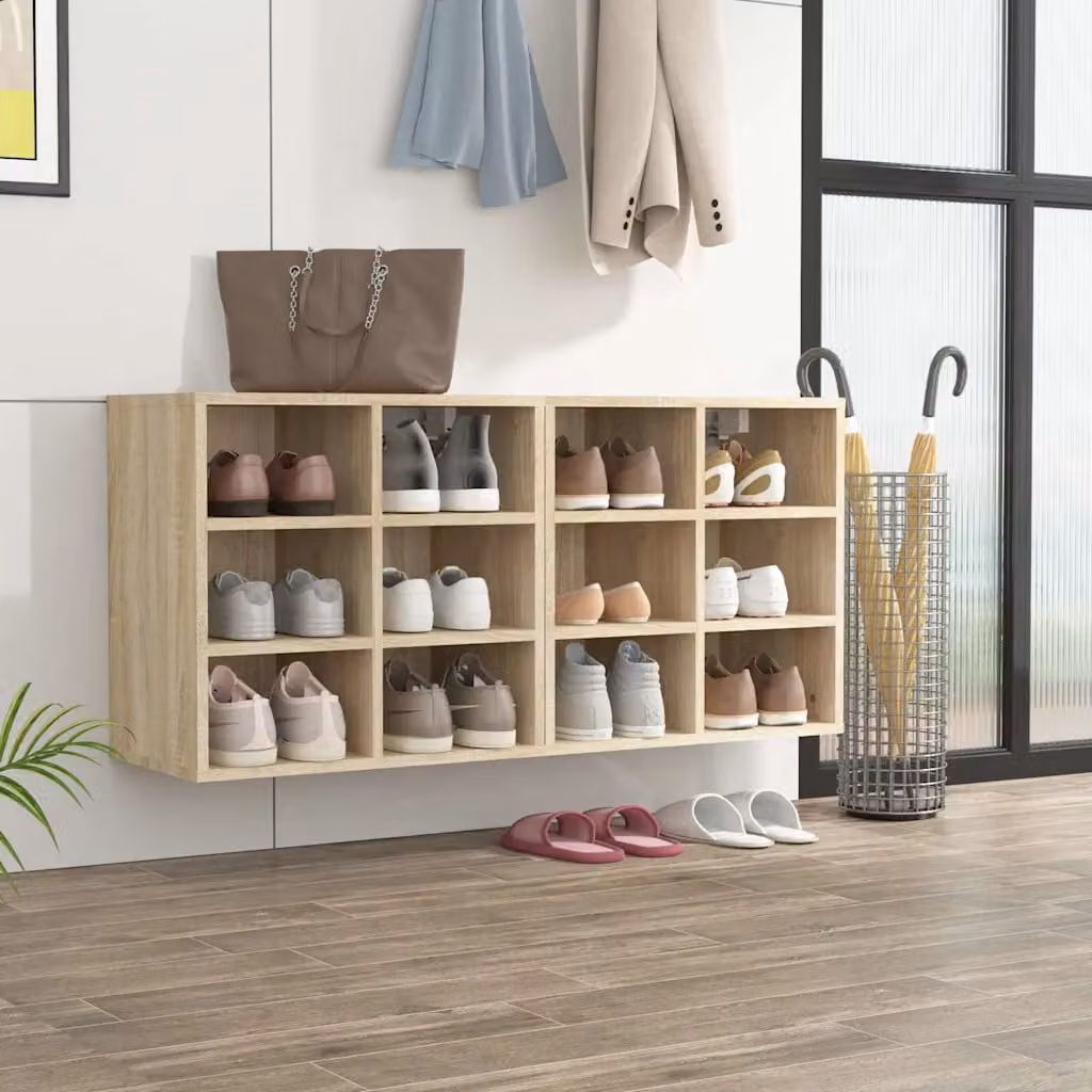 Set di 2 scarpiere da parete vidaXL in legno rovere color marrone con ripiani piatti, L: 52,5 cm, P: 30 cm, H: 50 cm