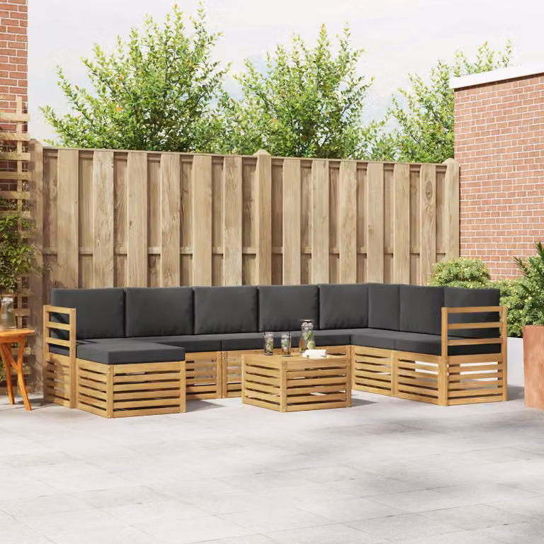 vidaXL Set di divani da esterno a L composto da 9 pezzi con tavolino e pouf, Bianco, Antracite e Marrone, in Legno di Acacia e Poliestere resistente ai raggi UV