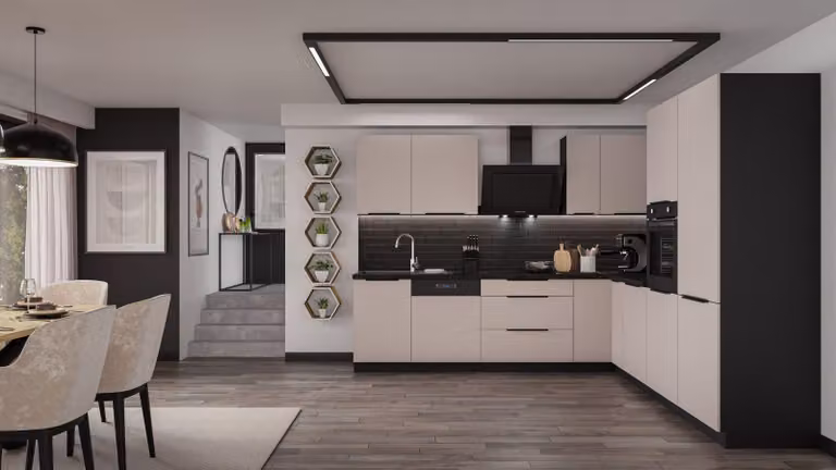 Cucina ad angolo ARONA 280x270 cm Cucina componibile Cucina ad angolo Cucina Cashmere beige + Nero