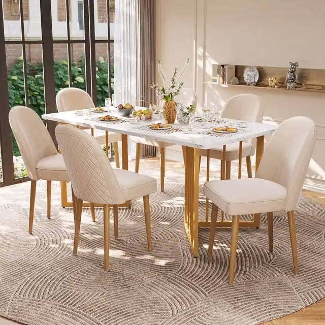 Set 6 Sedie da Pranzo in Velluto Beige ¨C Xylo ¨C Gambe in Metallo Dorato