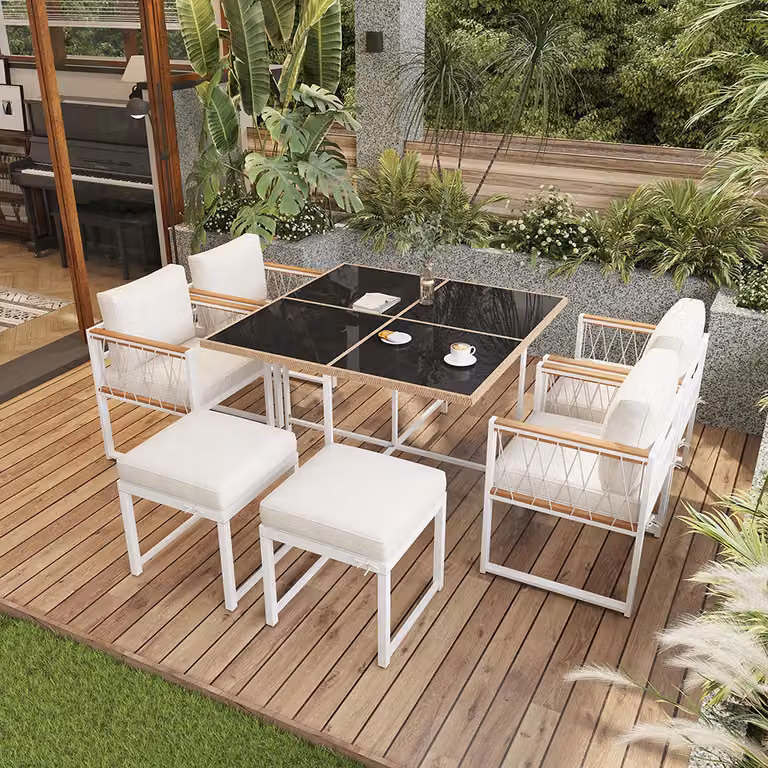 Set da salotto da giardino Sweiko, set di tavolo e sedie da pranzo da 7 pezzi per 6 persone, tavolo in vetro temperato