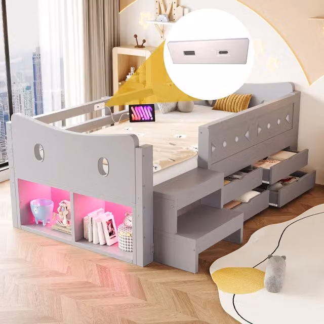 Letto singolo per bambini 90x200 cm in legno; con sponde; cassetti; scaletta; LED e porte USB Tipo C; grigio