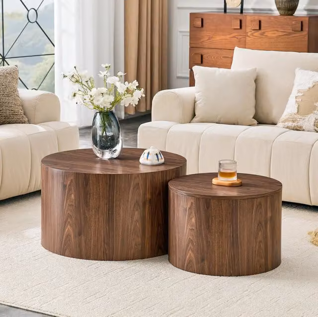 Set 2 tavolini da salotto rotondi ULEVR effetto noce, ?62,8/44 cm, design nesting con vano contenitore e coperchio removibile