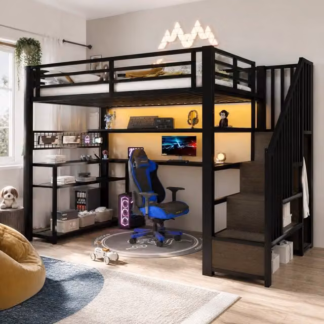 Letto a soppalco 90 × 200 cm con LED RGB, scrivania, armadio e contenitore, senza materasso, nero