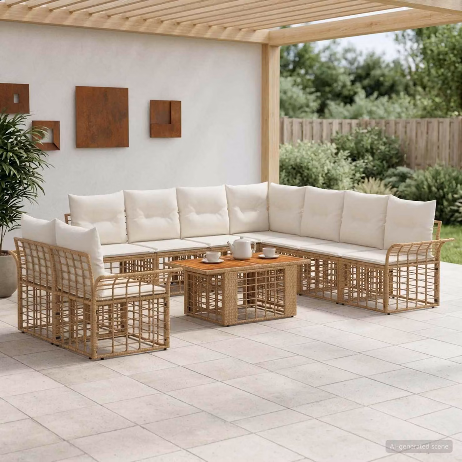 Set Divano da Giardino vidaXL 10 Pezzi in Polyrattan con Cuscini e Tavolino, Design Moderno a L, Colore Naturale e Bianco Crema