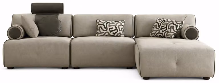 Divano angolare beige moderno, sistema modulare, pouf, poggiatesta