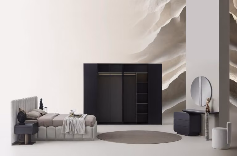 Set completo per camera da letto moderno, nero e beige, comprensivo di letto e armadio