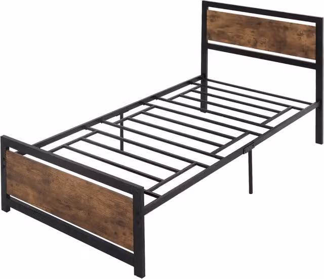 Struttura Letto Singolo in Legno e Acciaio con Doghe in Stile Industriale, 90x200cm