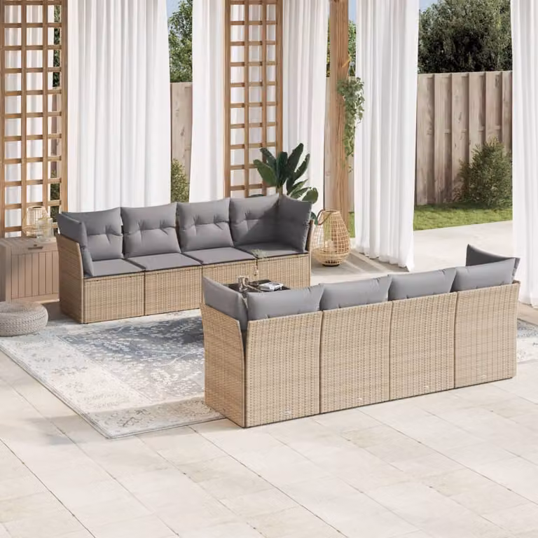 Set Divano da Giardino vidaXL 9 pz in Polyrattan Beige con Cuscini e Tavolino da Caffè