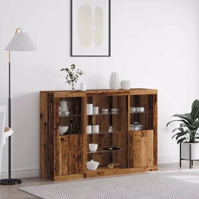 Madia moderna vidaXL in legno e vetro con illuminazione LED integrata, colore marrone, L: 142,5 cm, P: 37 cm, H: 100 cm – 1