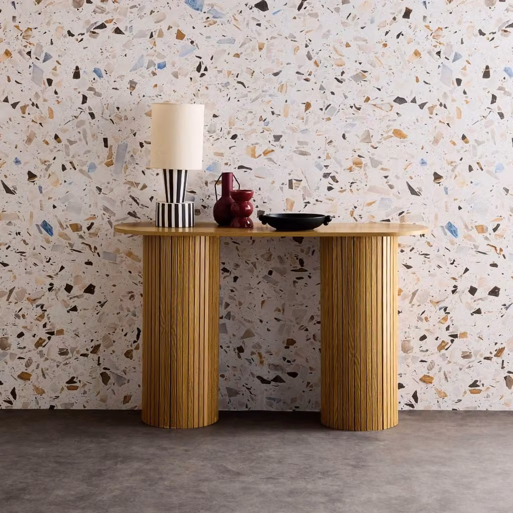Consolle ovale scandinava Sweeek in legno marrone con effetto scanalato e finitura opaca, L: 120 cm – 2
