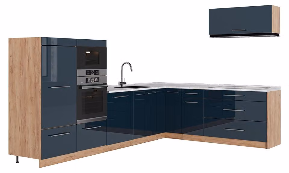 Cucina angolare completa Vicco Fame-Line Blu scuro lucido/Rovere dorato 327 x cm, PL Marmo, Model 65749
