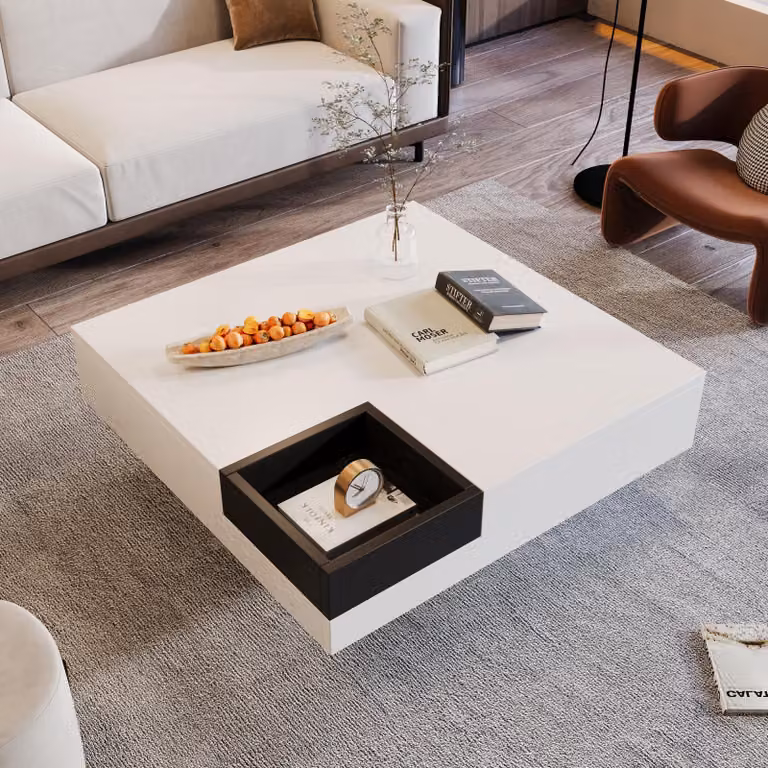 Tavolino quadrato a LED, tavolino da salotto, tavolino con contenitore estraibile, bianco