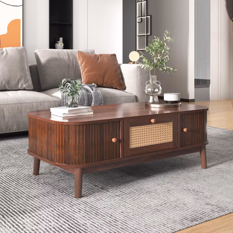 Tavolino in rattan, tavolino con cassetti e ante pieghevoli in legno massiccio, gambe in legno massiccio 110 L x 55 L x 38,5 H (cm), bianco