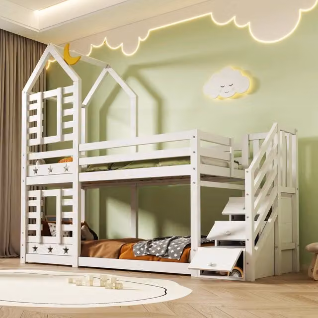 Letto a castello per bambini 90 × 200 cm 2 posti con scala contenitore e 2 cassetti, senza materasso, bianco