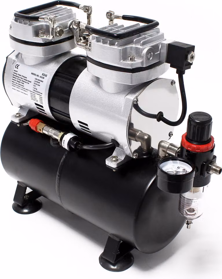 Compressore per aerografo Wiltec AS196 con serbatoio d'aria, pistone a 2 cilindri, pressione massima di 6 bar e spegnimento automatico, per modellismo, tatuaggi, nail art