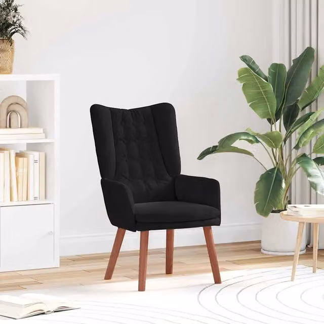 Poltroncina moderna in velluto nero con braccioli e struttura in legno, L: 63 cm, P: 67 cm, H: 94 cm – 1