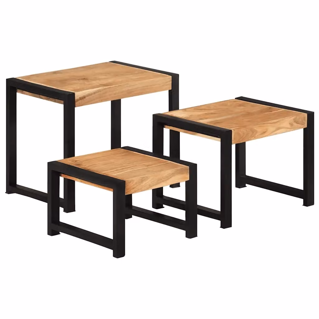Set di 3 tavolini a incastro MERCATOXL in legno di acacia e metallo, colore marrone – 2