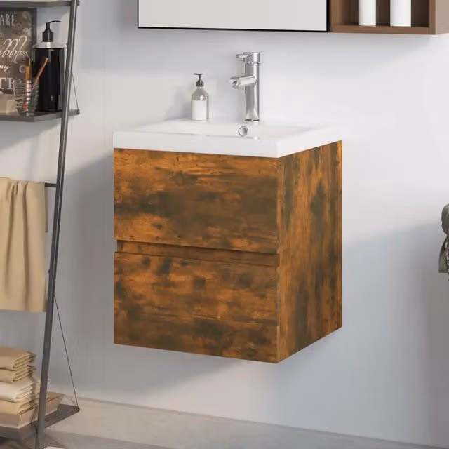 Mobile Bagno Sospeso vidaXL con Lavabo Integrato in Rovere Fumo e Bianco, Design Moderno con Cassetti e Ante, L/P/H: 76 x 45 x 38,5 cm