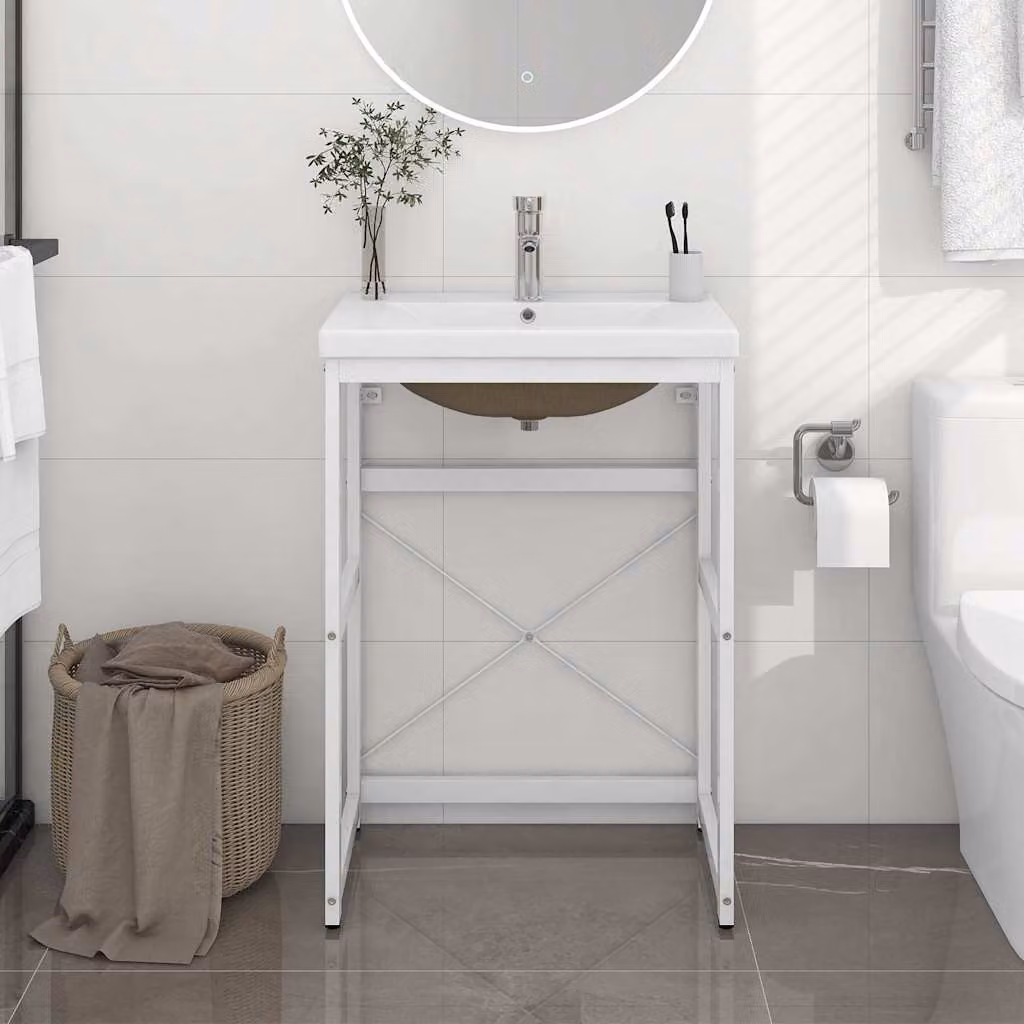 vidaXL Telaio per Lavabo da Bagno con Lavabo Integrato in Metallo e Ceramica Bianca Moderno L: 59 cm, P: 38 cm, H: 83 cm – 1