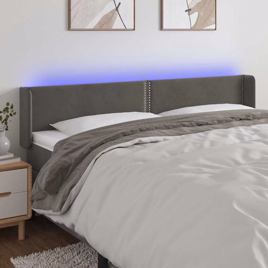 Testiera per letto vidaXL in velluto grigio con illuminazione LED e porta di ricarica USB, L: 183 cm, P: 16 cm, H: 78-88 cm