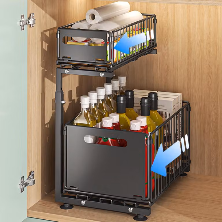 Organizzatore estensibile per armadietti da cucina o bagno, con 2 ripiani, in metallo nero