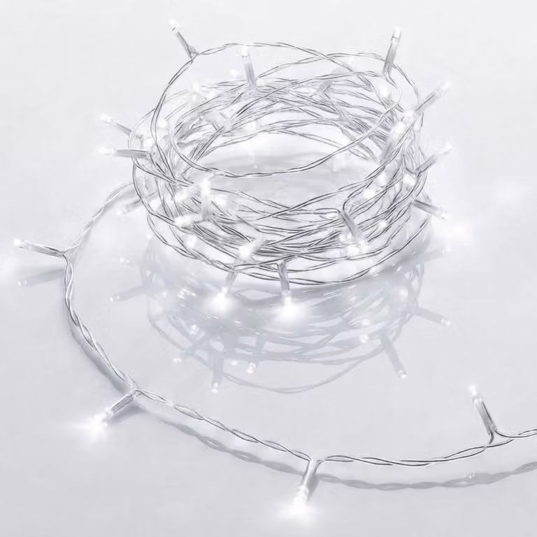 Catena luminosa a LED, 50 luci, bianco freddo, 5 metri, alimentazione a batteria