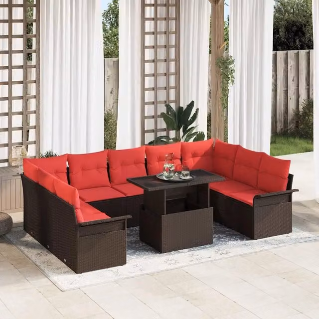 Set Divano da Giardino 10 pz Marrone Poly Rattan 3348350