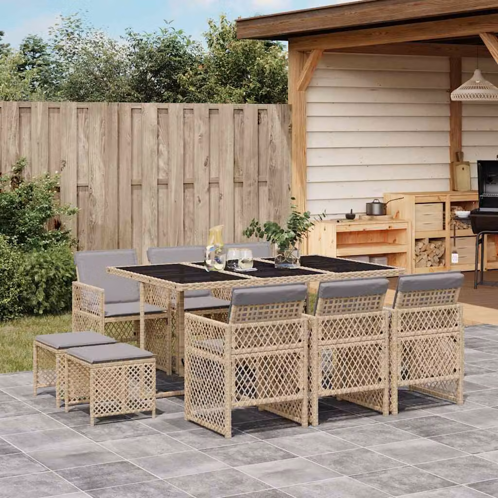 Set da Pranzo da Giardino vidaXL in Polyrattan con Cuscini Beige e Grigio, 11 pz – 1