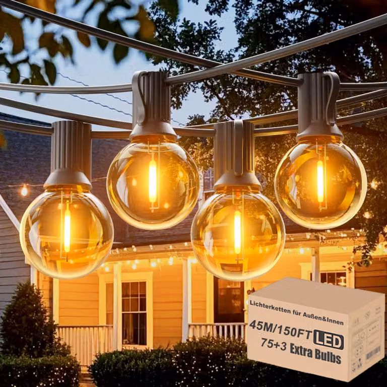 Catena luminosa da 45 metri, grado di protezione IP45, con 75+3 lampadine LED G40, attacco E12, luce bianco caldo 2700 K