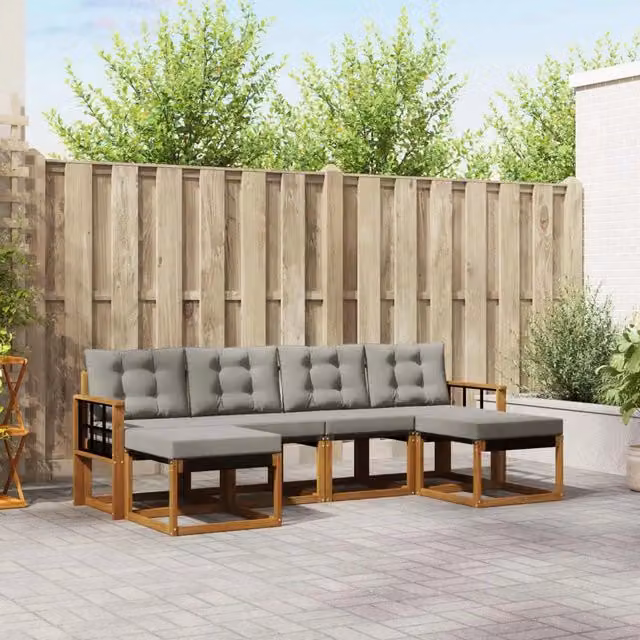 Set di divani da esterno a L vidaXL in legno di acacia con cuscini beige e grigio