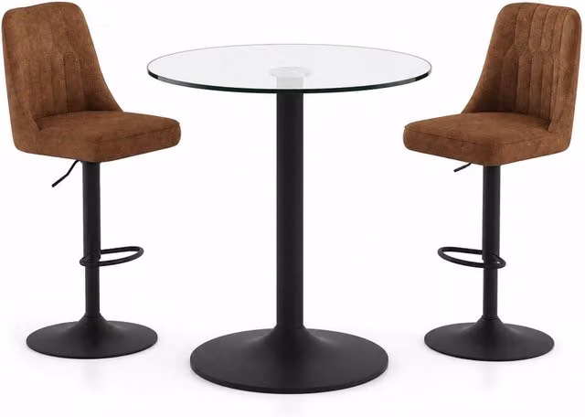 Set da bar 89 cm in vetro trasparente, metallo nero, 2 sgabelli girevoli