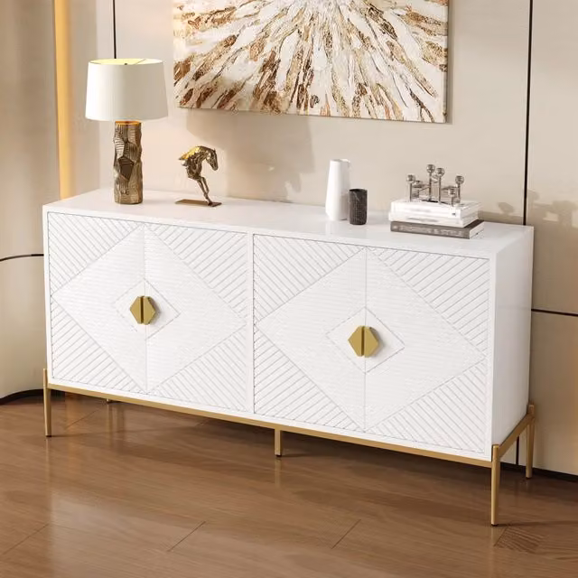 Credenza con 4 ante geometriche e maniglie dorate per soggiorno, sala da pranzo e ingresso, MDF bianco, 162 × 40 × 80 cm