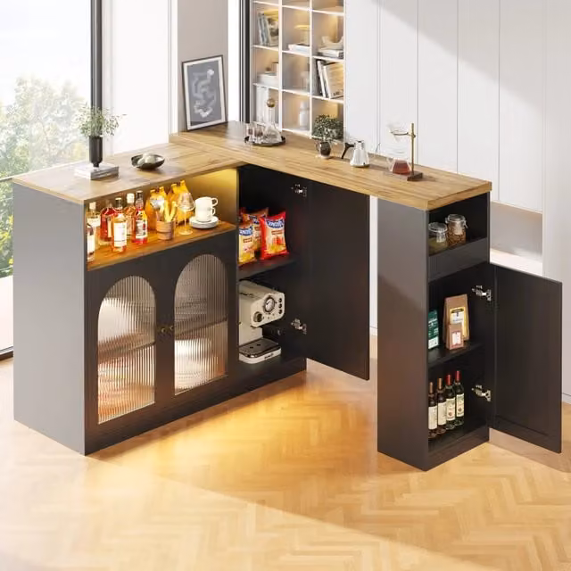 Mobile bar girevole a 360° con piano estensibile; LED e ante in vetro; MDF nero