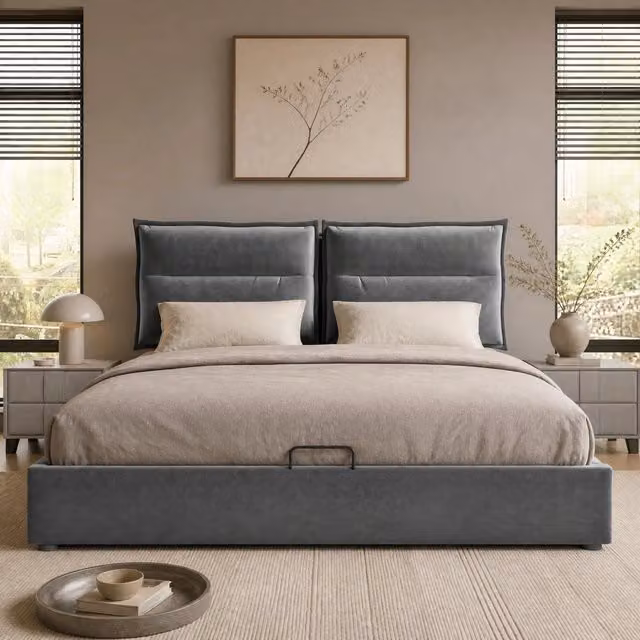 Letto matrimoniale imbottito 140x200 cm con contenitore e testiera regolabile in velluto grigio