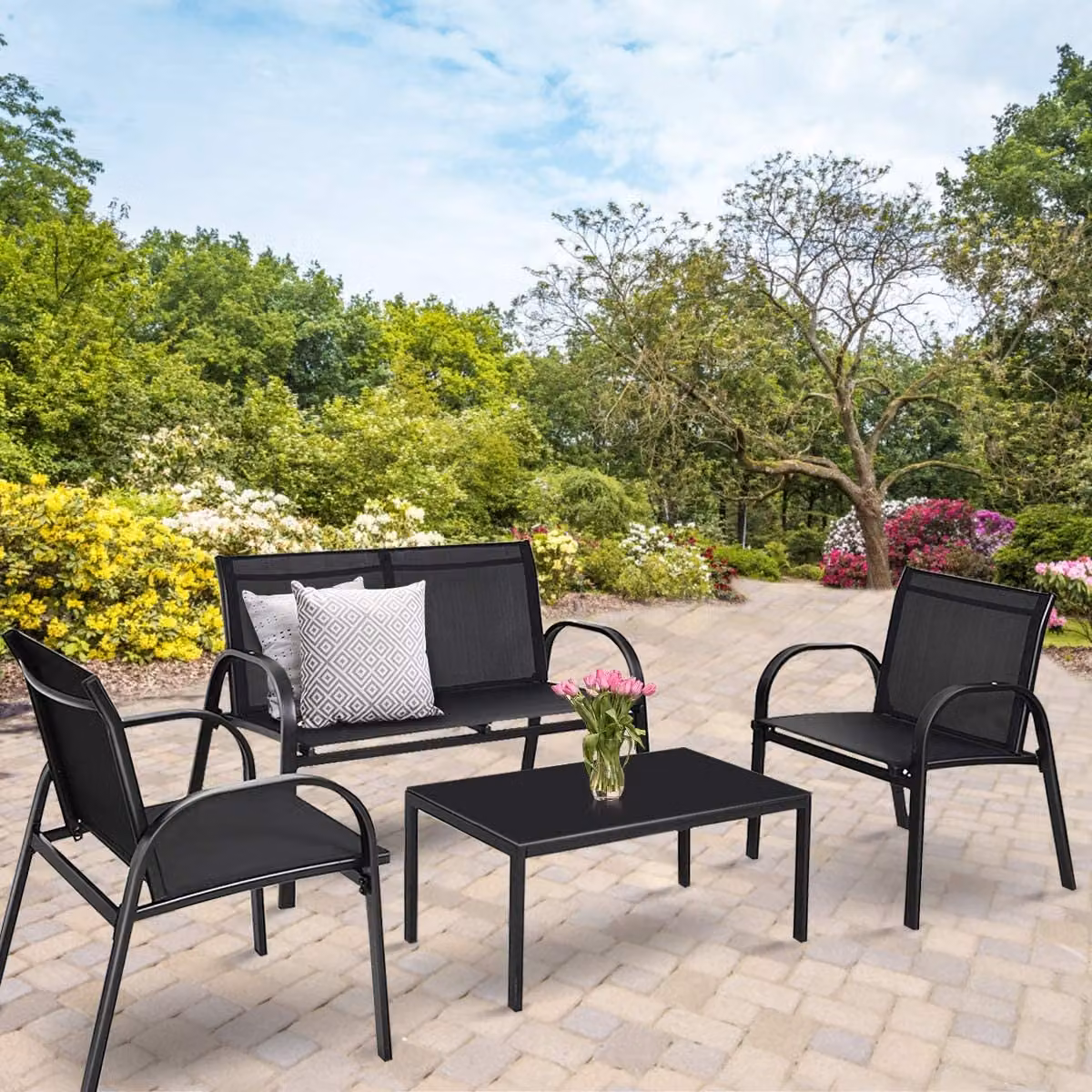 COSTWAY Set di 4 pezzi per mobili da terrazza, balcone e giardino, incl. 2 sedie singole, 1 panca e 1 tavolino da salotto in tessuto nero